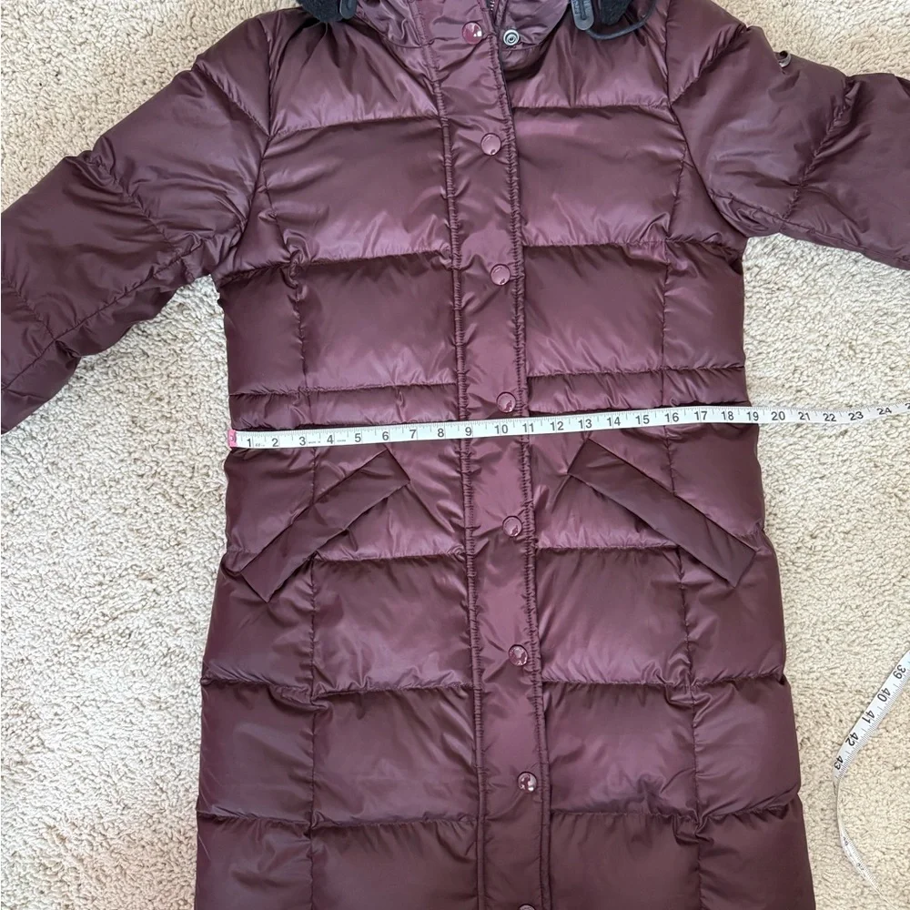 Coach Plum Down Puffer Coat Long Hooded Faux Fur Trim Small Winter - Picture 13 of 16